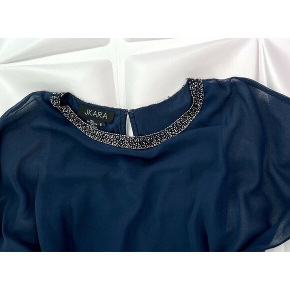 Jkara Sz 6 Navy Blue Beaded Chiffon Blouson Formal Dress Evening Flutter Sleeve - Picture 4 of 12